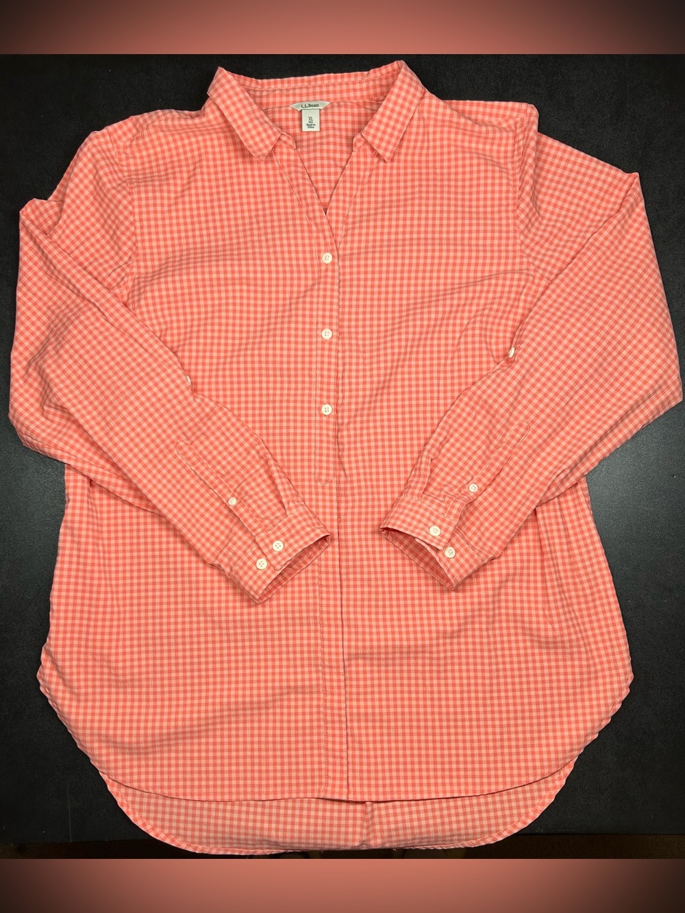 L.L. Bean Women’s Size XL Coral Pink Gingham Long Sleeve Button Down Shirt